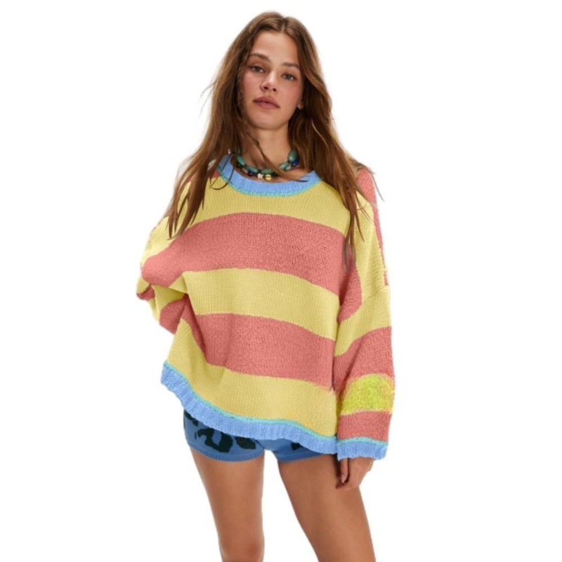 Best-Selling Euro-American Street Style Womens Asymmetric Stripe Contrast Panel Loose Pullover Sweater – Sweater and Knitted Sweater price