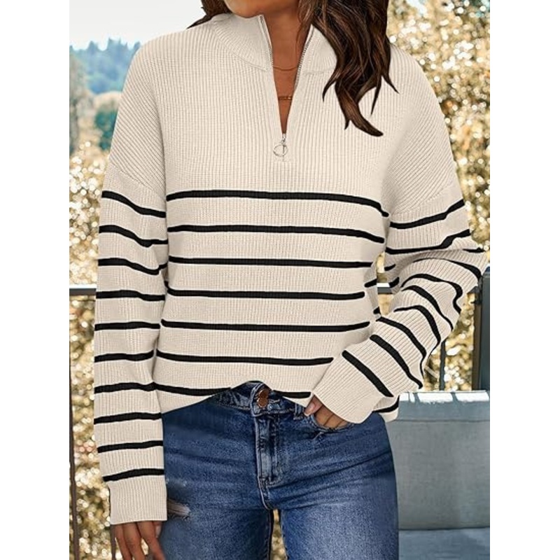 Casual Women Quarter Zip Striped Knitted Oversized Sweater – Womens Quarter Zip Striped Sweater and Striped Oversized Sweater price