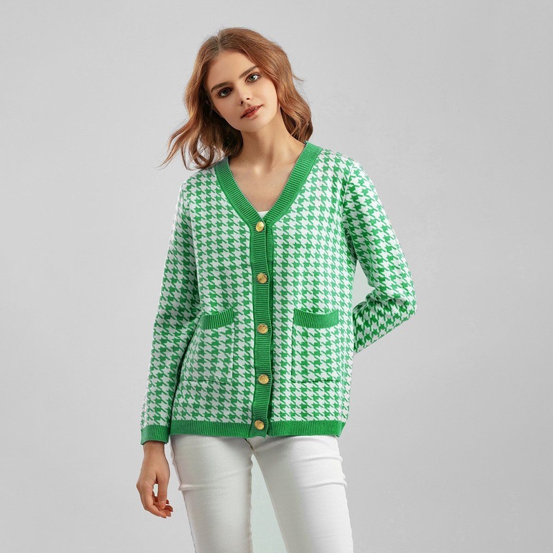 Chic Double Pocket Houndstooth V-Neck Long Sleeve Loose Knitted Cardigan Sweater – Autumn and Winter Apparel and Niche Design Clothes price