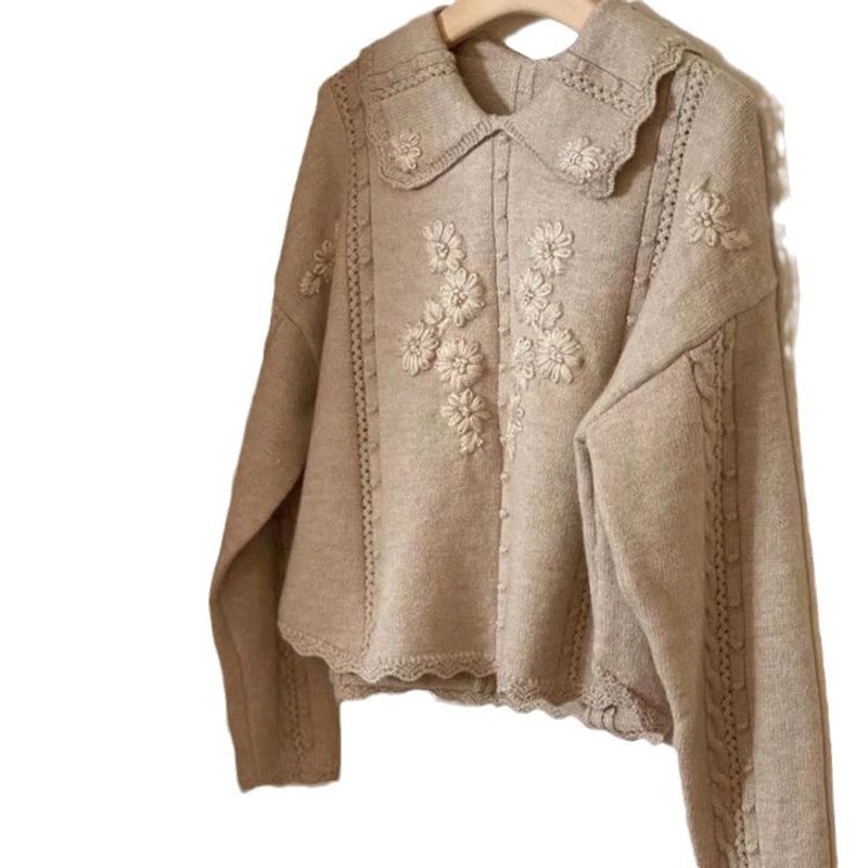 Nnr Acrylic Cotton Button Embroidery Flower Turn Down Lady Sweater for Girl – Sweater and Women Sweater price