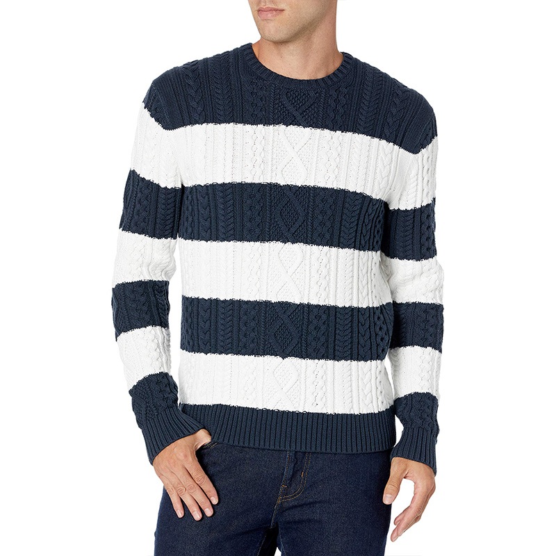 OEM Clothing Factory Customized Mens Long-Sleeve 100% Cotton Fisherman Cable Crewneck Striped Sweaters with Logo – Sweaters and Mens Sweater price
