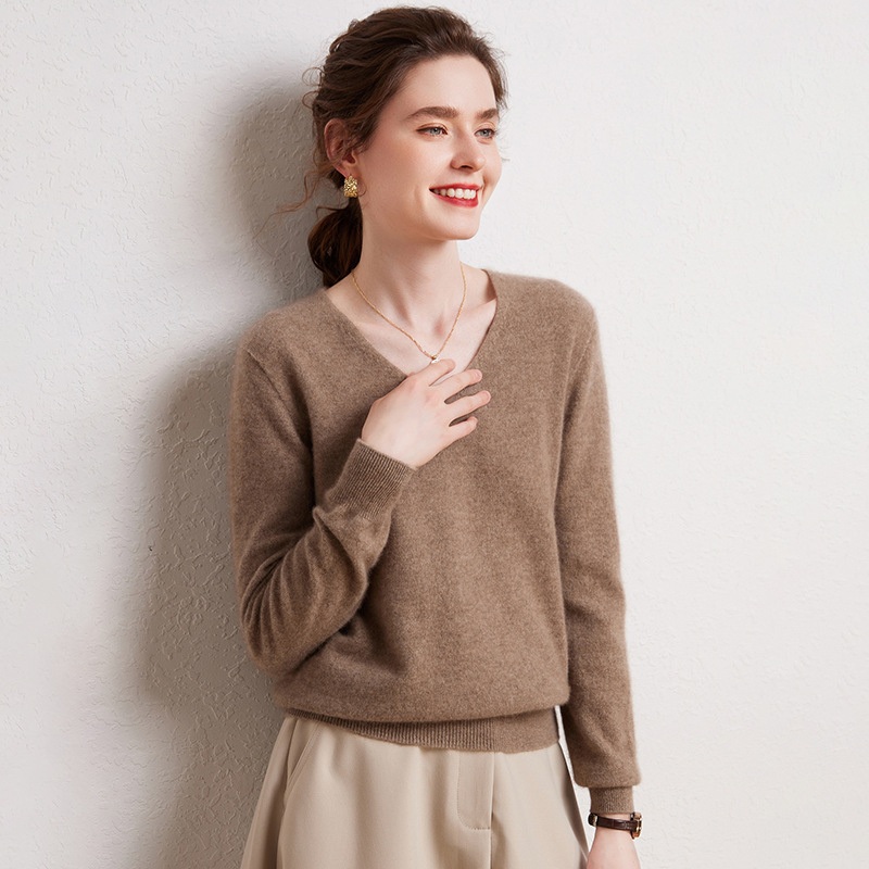 Pure Cashmere V-Neck Long Sleeve Knitted Pullover Short Sweater for Lady – Everyday Clothing and Womens Garments price