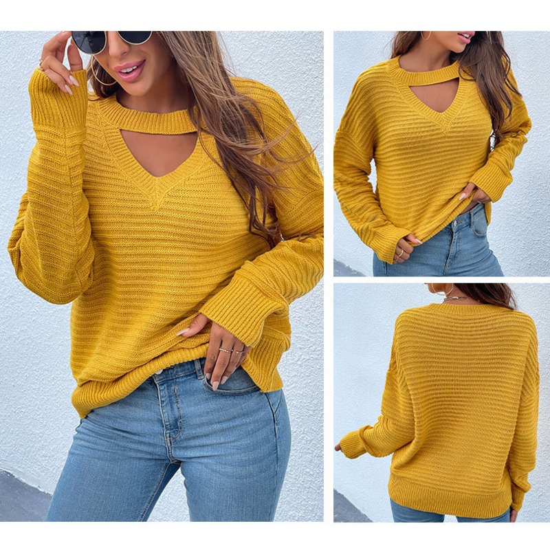 Spring Autumn Sexy V-Neck Women Hollow out Knit Pullover Sweater – Women Plain Sweater and Wholesale Sweater Women price
