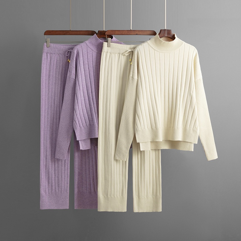 Women Clothing Autumn Winter Mock Neck Knitwear Suit Solid Color Loose Warm Two Piece Sweater Sets – Women Sweater Set and Women Sweater price