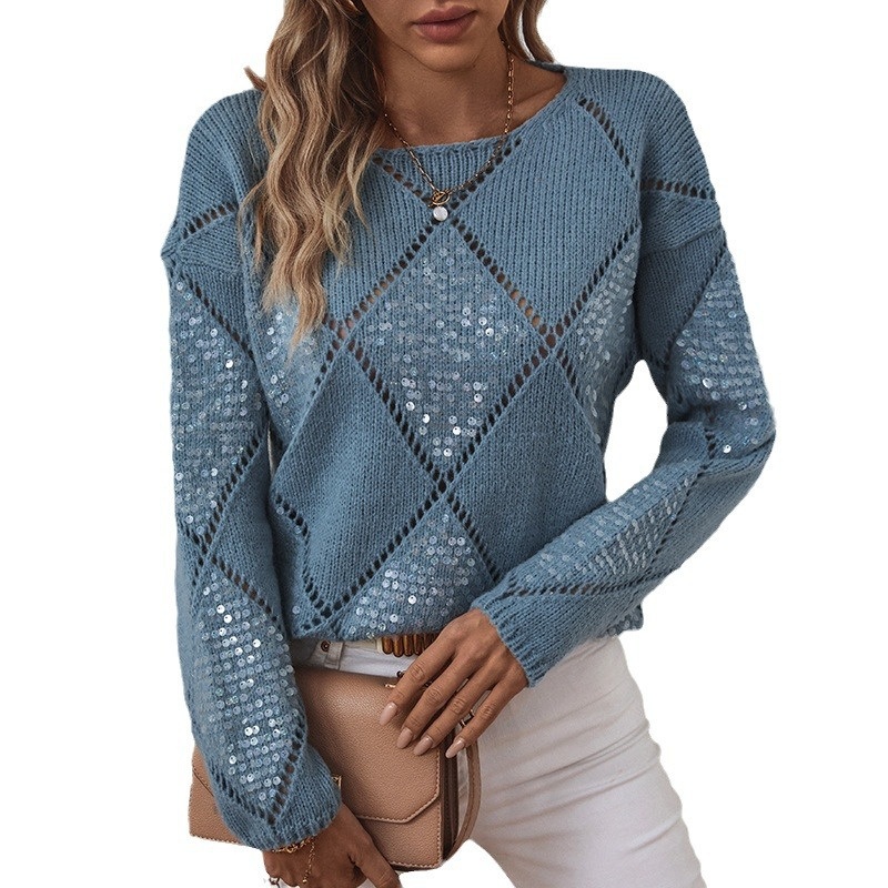 Womens Casual Hollow Diamond Grid Pullover Crocheted Sequined Knitted Sweater Loose Fit Style – D Knitted Sweater and Casual Sweater price
