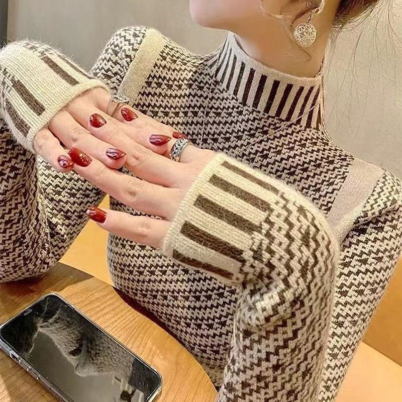 Womens High Neck Loose Knit Sweater in Trendy Color Block Style – Trendy Color Block Sweater and Loose Knit Sweater price