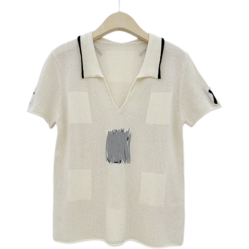 Womens Luxury Elegant Casual Ribbed Polo Neck Short Sleeve Hallow-out Summer Jacquard Print Pullover – Sweater and Pullover price