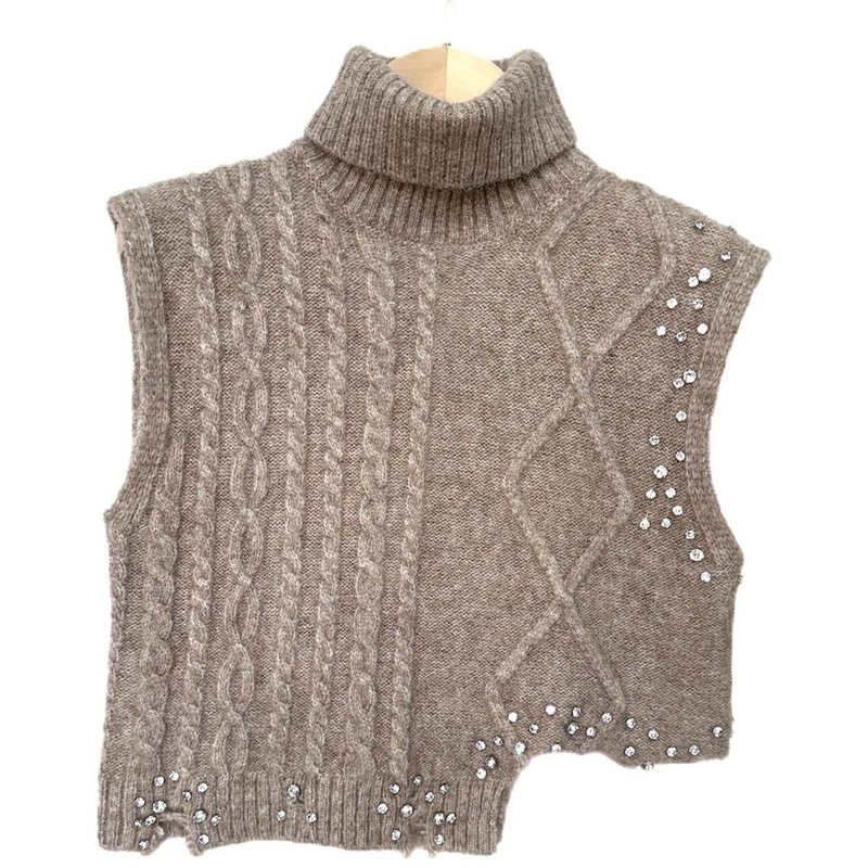 Womens Turtleneck Cable and Diamond Pattern Beaded Vest Wool Blended Yarn Sweater Irregular Pullover – Sweater and Pullover price
