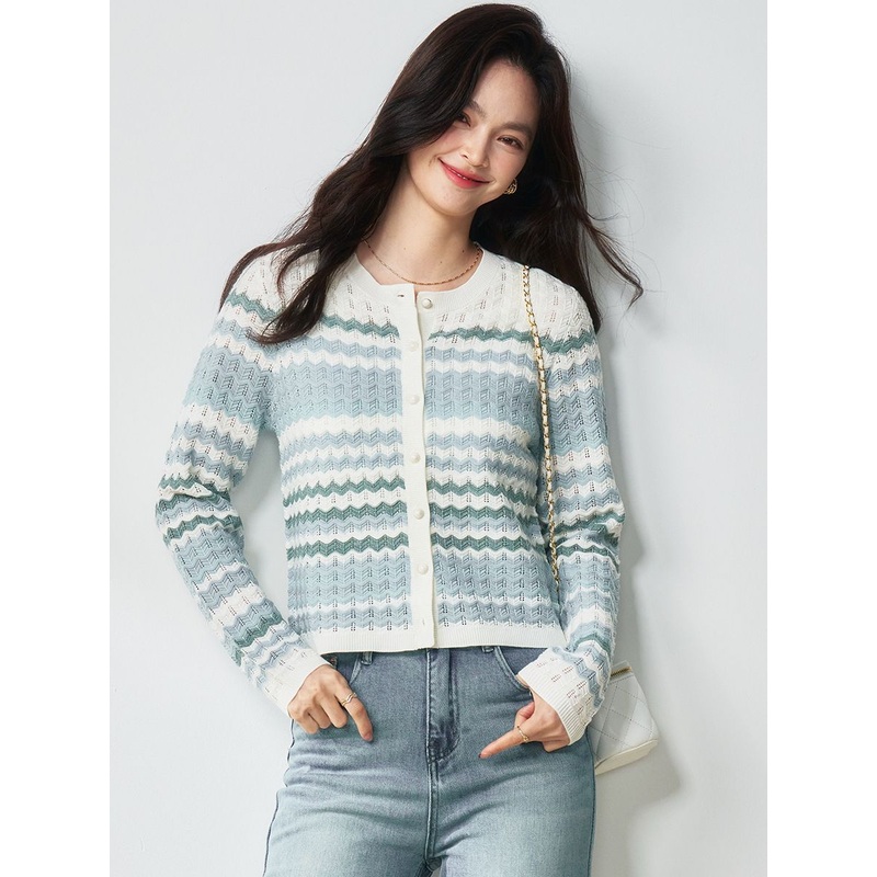 25 Spring/Summer New Color-Block Striped Knitted Round-Neck Contrast Trim Lace-up Knit Top – T-Shirt and Clothes price