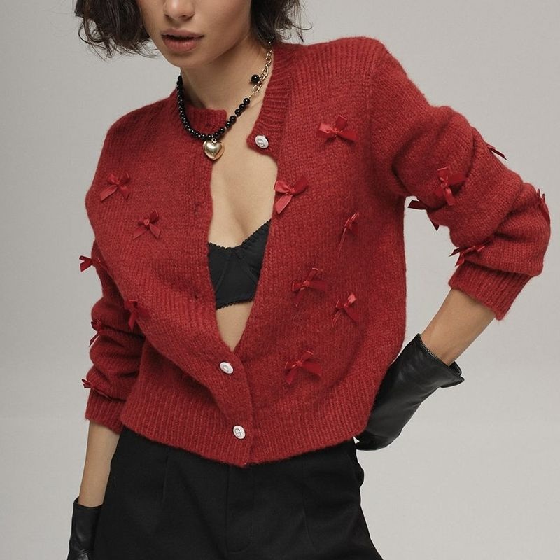 3D Bow Knot Sweater Women Fall Winter New Aesthetic Knit Top Cozy Pullover Yarn Cardigan – Sweater and Pullover price