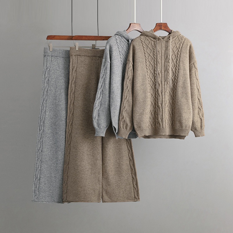 Autumn Winter Drawstring Hooded Loose Knitwear Clothing + Hanging Wide Leg Trousers Twisted Fashion Sweater Set – Sweater Set and Women Sweater price