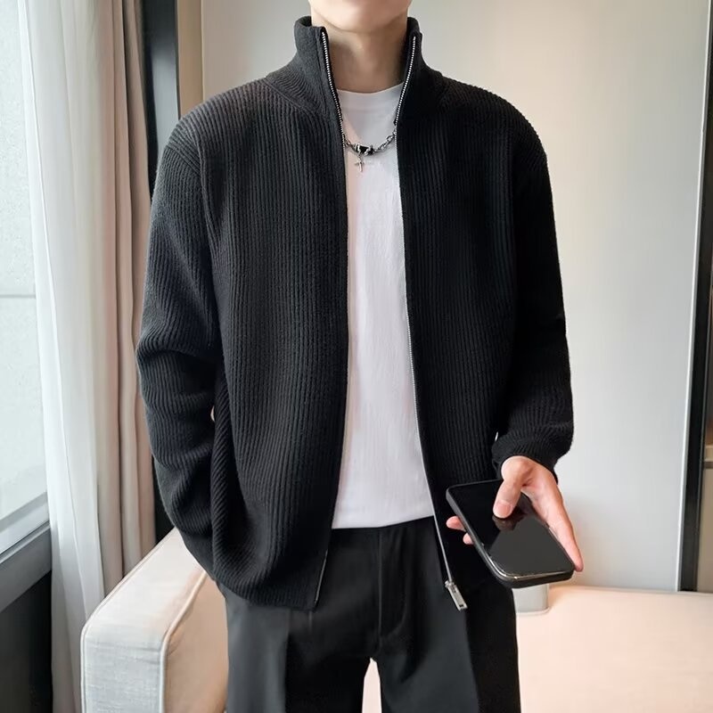 Autumn Winter Stand up Collar Zipper Knitted Cardigan Knitwear Mens Korean Sweater – Knit Sweater and Knitwear Men price