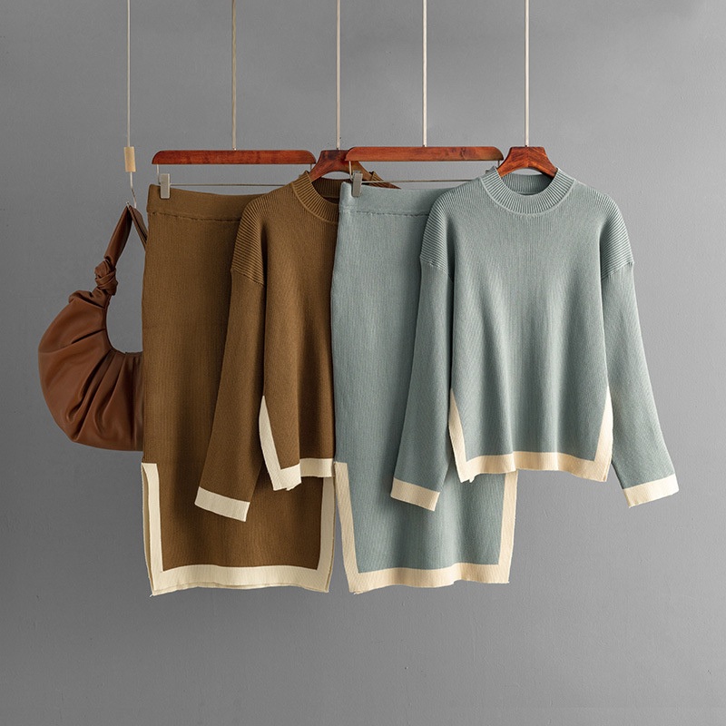 Casual Knit Suit Women Autumn Color Contrast Blocking Crew-Neck Knitwear Top Sweater + Split Skirt Two-Piece Set – Women Sweater Set and Women Sweater price