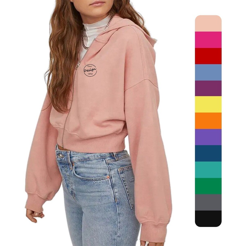 Cop Top Fleece Solid Color Casual Custom Wholesale 100%Cotton Emboss Print Streetwear Women Cropped Zip up Hoodie – Cropped Zip up Hoodie and Custom Hoodie price