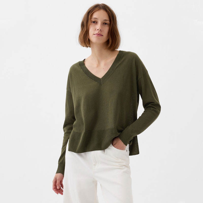Lady Sweater Wholesale Womens V-Neck Long-Sleeve Knit Pullover Trendy Slim Solid Versatile Sweater – Womens Sweater and Pullover Sweater price