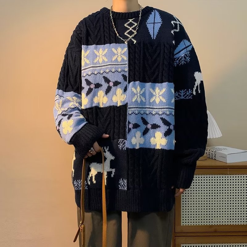 Patchwork Sweater Mens Winter Thick Tide Brand Couple Christmas Retro Autumn and Winter Mens Sweater Warm Large Size Tide – Christmas Sweater and Christmas Doll Pullover price