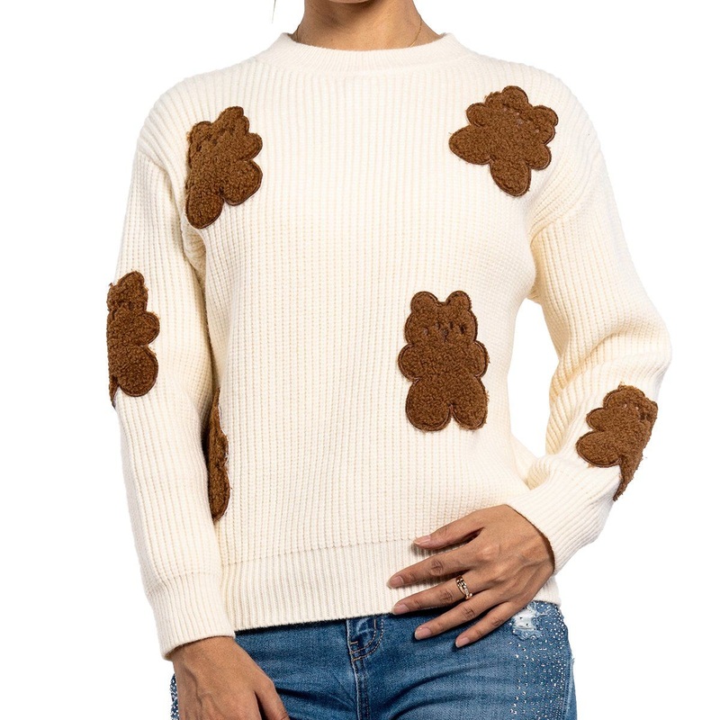Round Neck Long Sleeve Winter Bear Patch White Sweaters for Women – Ladies Sweater and Cashmere Sweater price