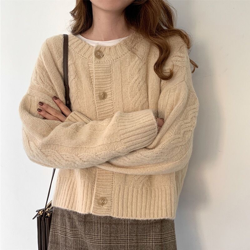Round Neck Twist Knit Cardigan Jacket Women Long Sleeve Cropped Button Sweater – Ladies Sweater and Crochet Sweater price