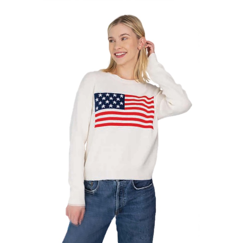 Spring Cozy Ladies Fashion USA Flag White Knitted Pullover Sweater – Sweater and Knitwear price