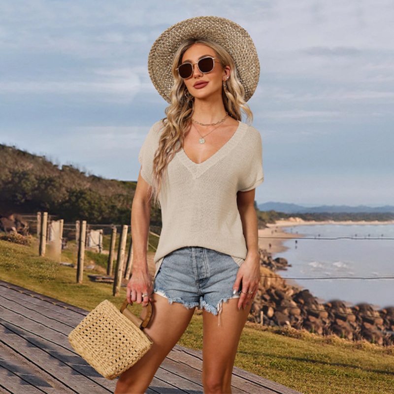 Summer Womens V-Neck Shirt Clothing Color Matching Blocking Top Loose Casual Plus-Size Knit T-Shirt – Beach Sweater and Women Sweater price