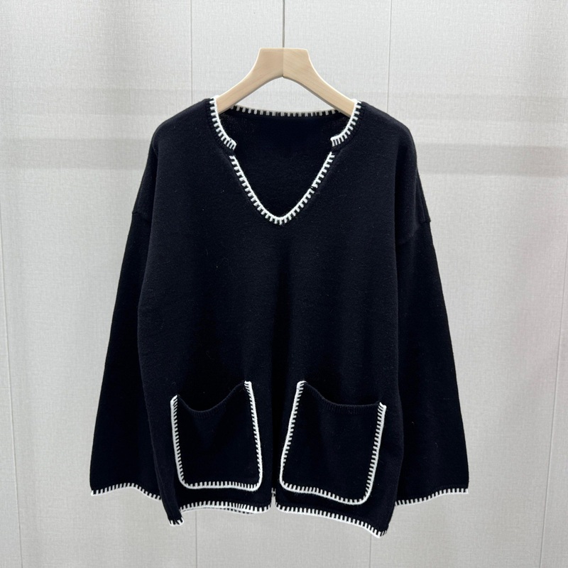 Womens Loose V-Neck Knit Sweater Contrast Color Borders Streetwear Style with Pockets for Winter – Sweater and Ladies Sweater price