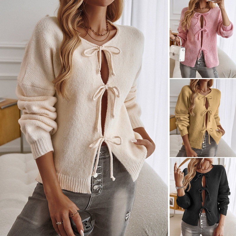Womens Tie Front Knit Cardigan Knitted Solid Color Long Sleeve Crew Neck Loose Fit Sweater Fall Winter Casual Cozy Knitwear – Fit Sweater and Casual Sweater price
