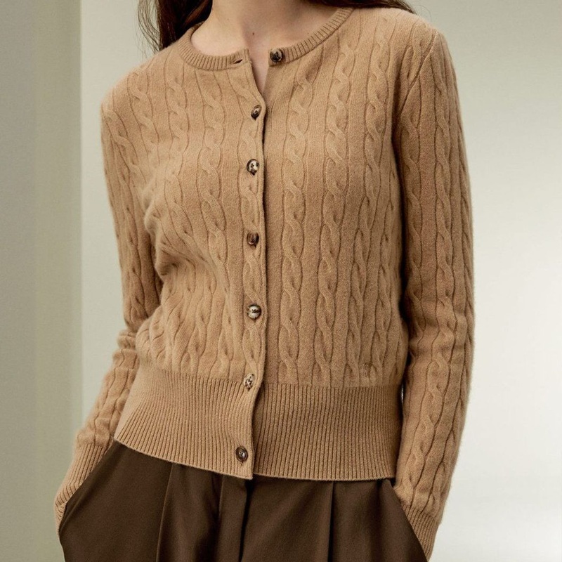 100% Pure Cashmere Knitted Womens Cable Knit Crew Neck Camel Cardigan Sweater – Sweater and Cashmere Sweater price
