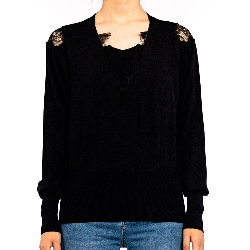 Black Casual Knit Deep V Neck Lace Fall Sweater for Women – Sweaters Women Tops and Wholesale Sweater Women price