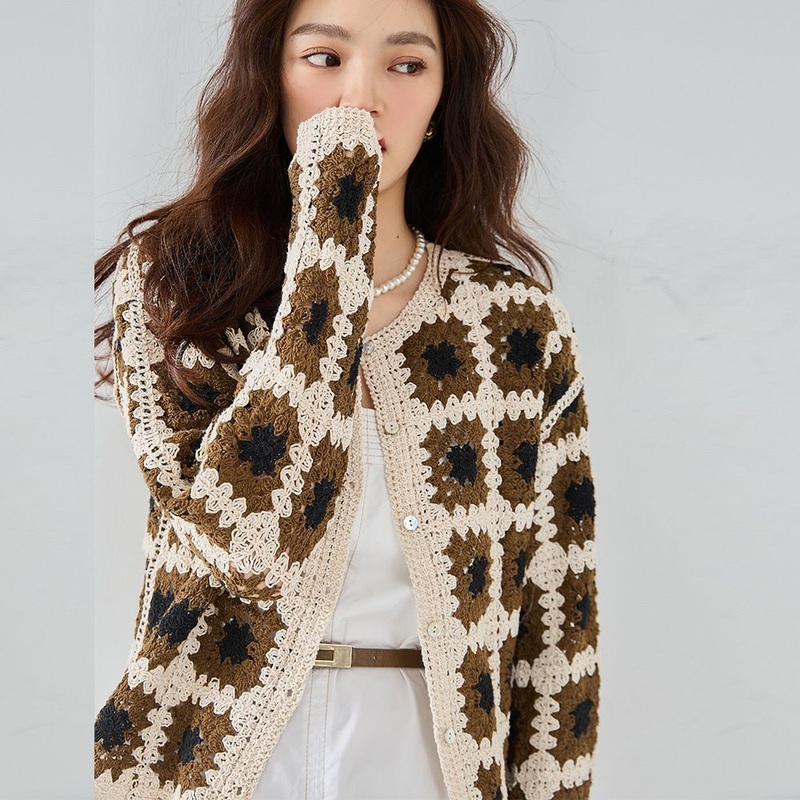 Cozy Fall Crochet Sweater Cardigan Knit Coat Color-Block Texture – T-Shirt and Clothes price