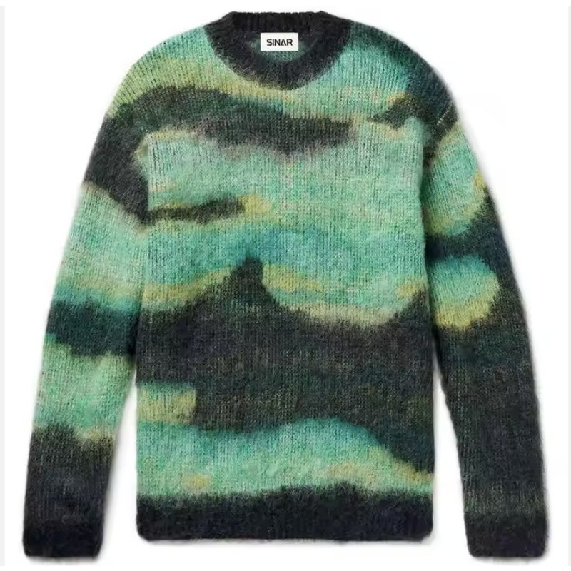 Custom Logo Men Mohair Sweater Fuzzy Jacquard Pattern Pullover Knit Jumper Crew Neck Knitwear Winter Mohair Knitted Sweater Men – Kntted Sweater and Mohair Sweater price|Shanghai, China