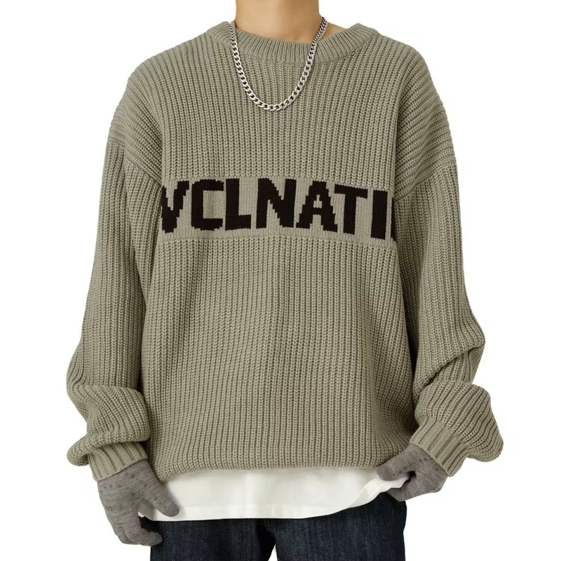 Custom Logo Mens Sweater Jacquard Letter Pullover Knitwear Winter Crew Neck Loose Oversized Knitted Sweater – Sweaters and Mens Sweater price