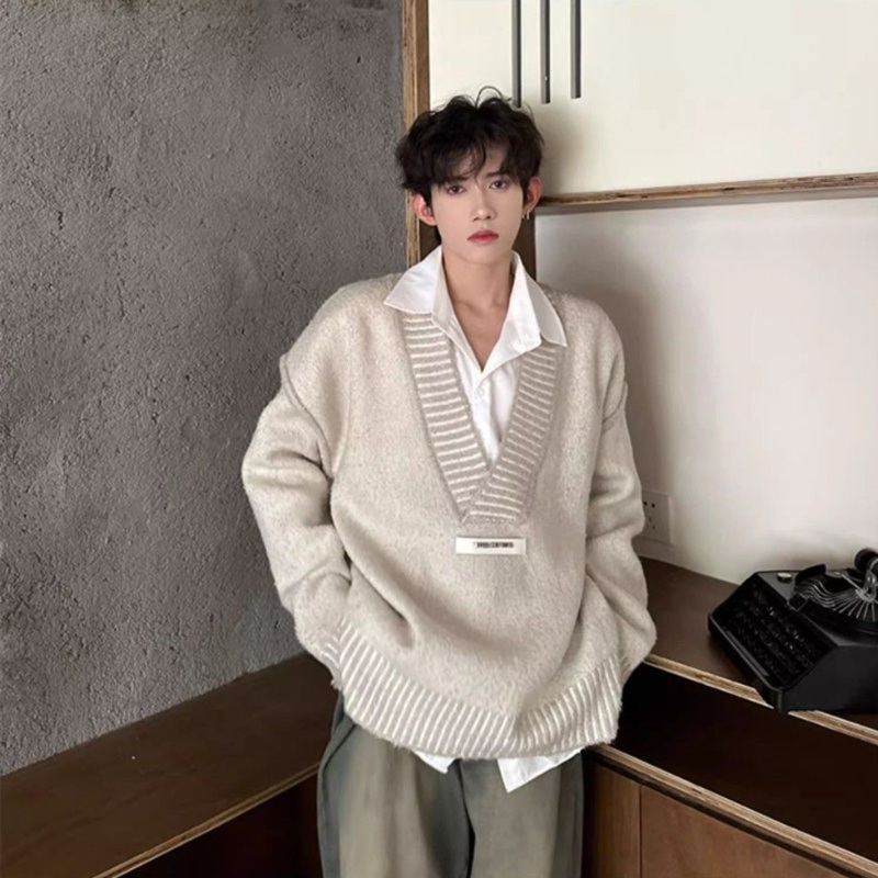 High Quality V-Neck Pullover Sweater Cotton Knit Solid Color Knitwear for Men – Mens Knitted Sweaters and Knitwear Men price