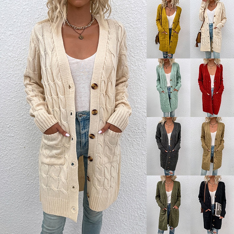 Ladies Knitted V-Neck Sweater Embossed Leopard Button Womens Fashionable Cardigan Long Length Winter Clothing – V-Neck Sweater and Ladies Sweater price