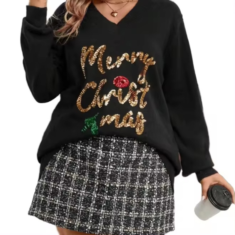 OEM Factory Price Sequin Sparkle V Neck Sweater Top Fashion Drop Shoulder Oversized Pullover Black Sweater for Women – Pullover Sweater and Cardigan Sweater price|<span style="font-size:16px;"><span style="color:|222222;"><span style="border:0px;padding:0