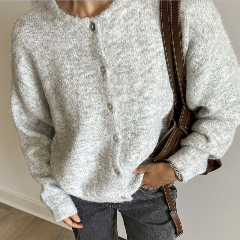 Soft Wool Button Cardigan Women Vintage Shell Button Knit Coat Grey Cozy Sweater Jacket – Sweater and Pullover price