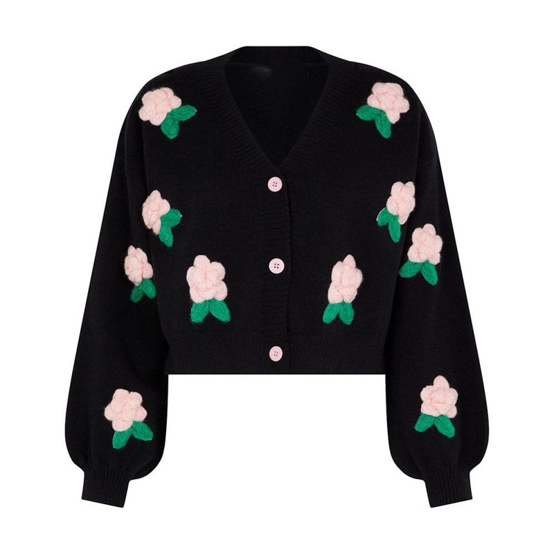 Stylish Black Knit Cardigan for Women with Floral Embroidery Patch – Cardigan Women Sweater and Fashion Sweater price
