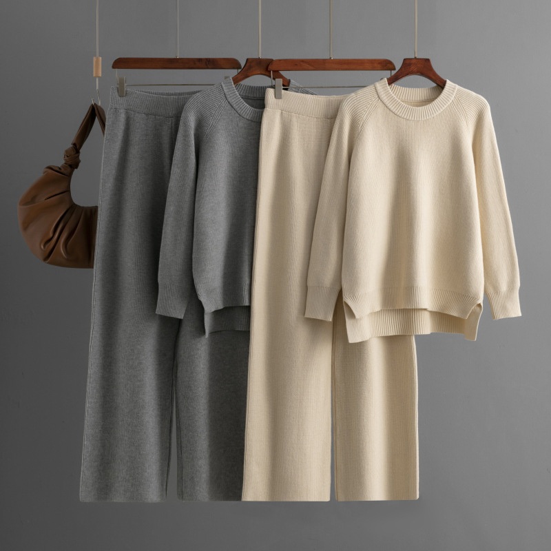 Winter Thick Round Neck Knitwear Set Women Loose Knit Long-Sleeved Round Neck Fashion Pants + Slit Sweater Pullover – Sweater Set and Women Sweater price