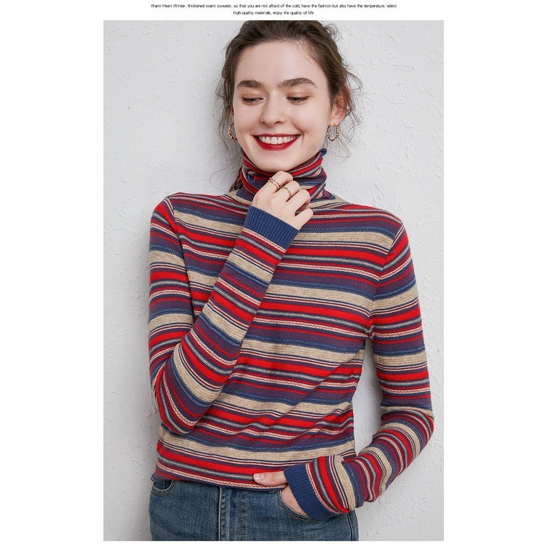 Women Pullover Sweater Bottoming Slim Turtleneck Striped Sweater – Ladies Sweater and Crochet Sweater price
