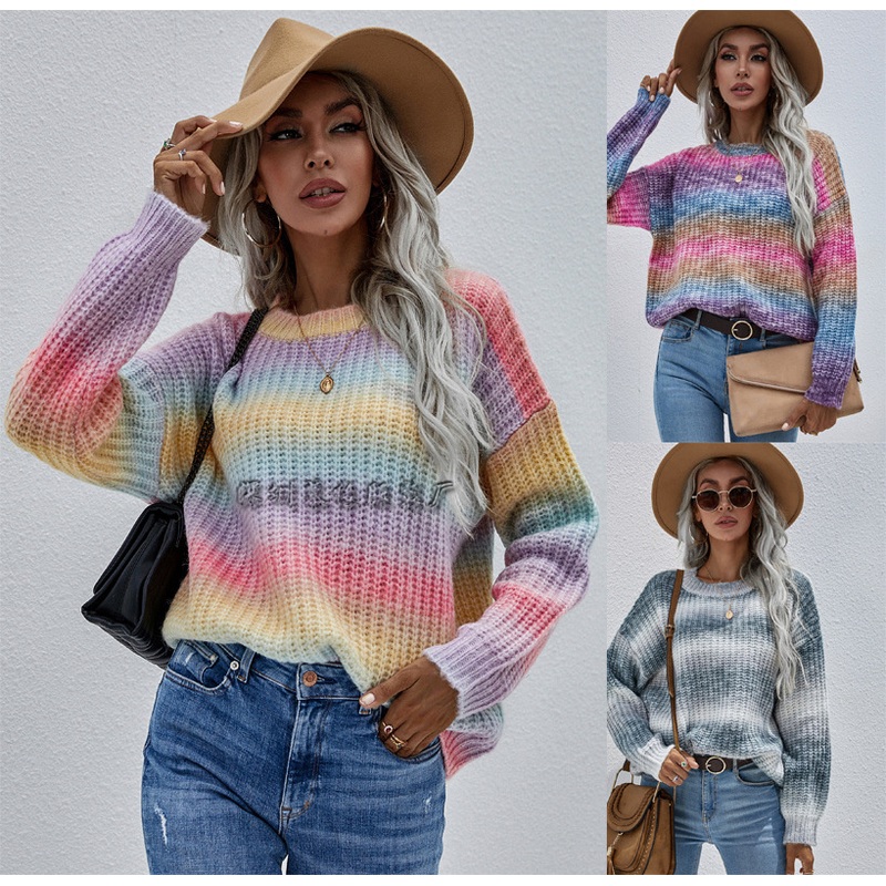 Women Striped Long Sleeve Rainbow Knit Pullover Sweater – Ladies Sweater and Women Fall Sweaters price|<span style="color:black;"><span><span><span>Color: