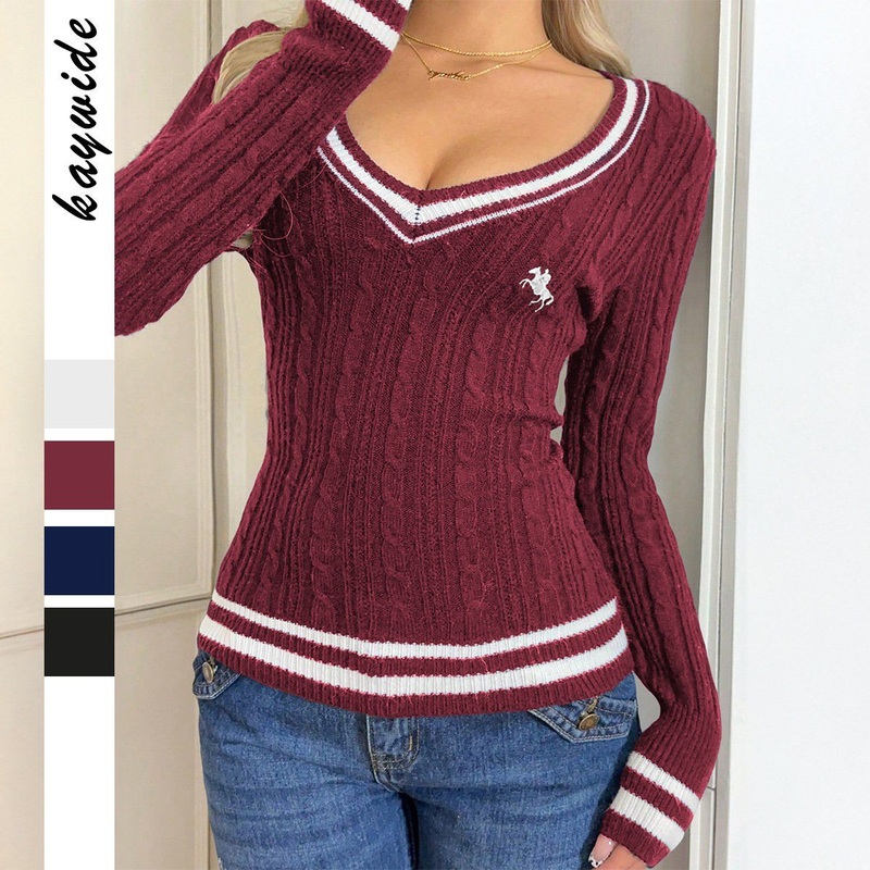 2025 Autumn/Winter European and American Fashion Simple Style V-Neck Long-Sleeved Womens Polo Sweater – Polo Sweater and European Fashion Sweater price
