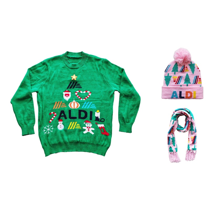 Aldi Christmas Customized Green Jacquard Pullover Pink Scarf Hat Set – Sweater and Knitwear price