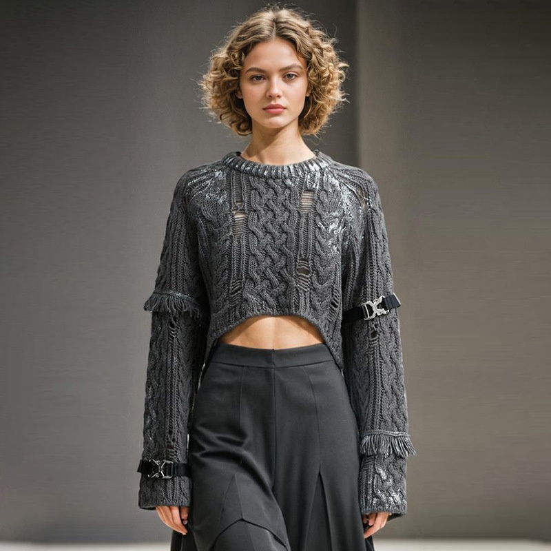 Belt Buckle Gold-Stamped Ripped Knitted Short Sweater – Sweater and Long Sleeve Cardigan price