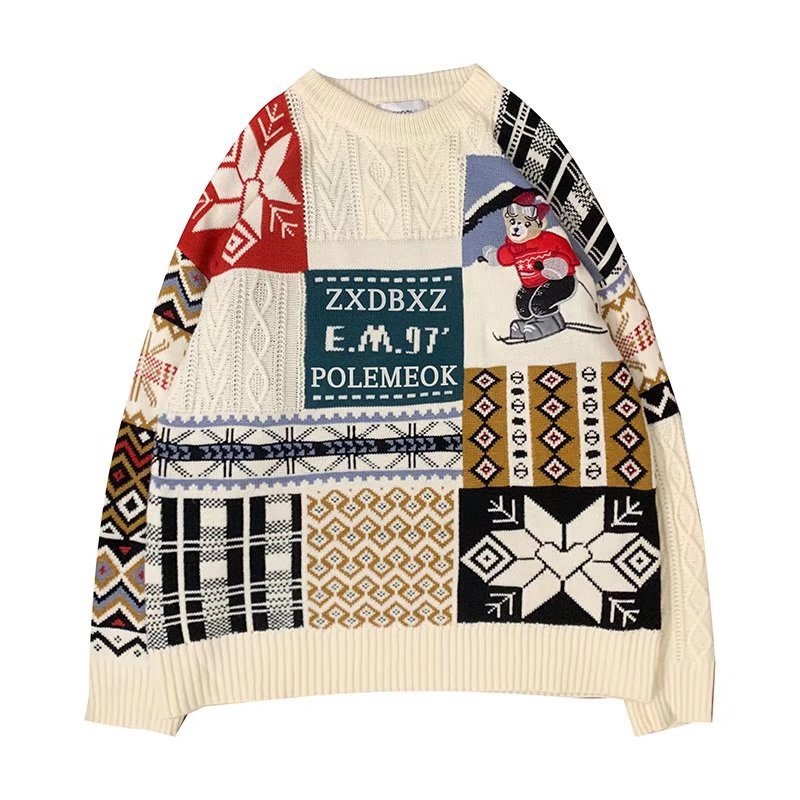 Christmas Harbour Style Vintage Bear Sweater Mens Thick Lazy Loose Autumn and Winter Lovers Wear Wool Clothes Tide – Christmas Sweater and Christmas Doll Pullover price