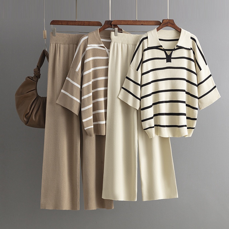 Color Stripes Fashion Suit Summer Casual Loose Knit Wide-Leg Pants Two-Piece Polo V Neck Striped T Shirt Sweater Set – Women Sweater Set and Women Sweater price