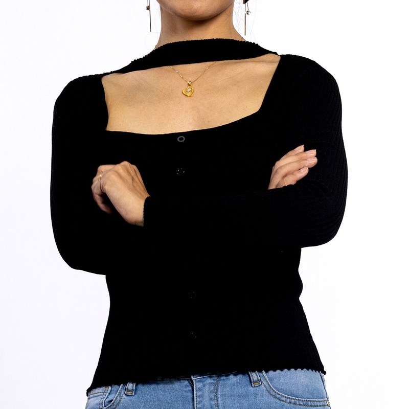 Custom Black Ribbed Knitted Cotton Hollow out Female Cardigan Long Sleeve Women Top – Sweater for Women and Women Shirts price