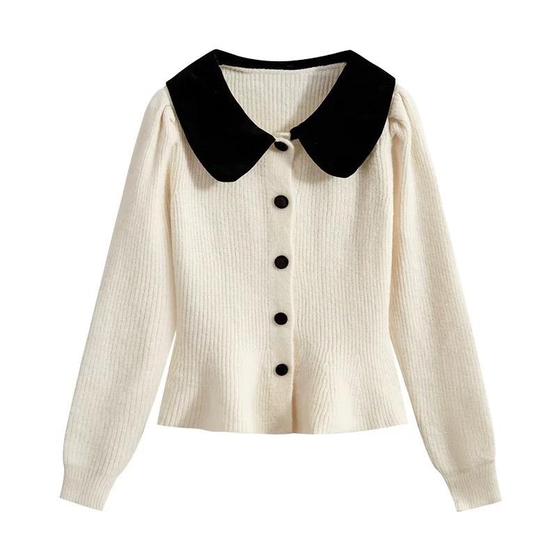 Custom Women Knit Sweater Cardigans Long Sleeve Peter Pan Collar Ladies Knit Coat Autumn Winter Slim Knit Top High Quality – Sweater and Cardigan price