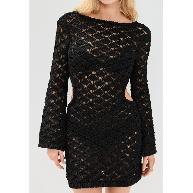 Elegant Open Back Long Sleeve Crochet Beach Coverup Dress with Boat Neck – Super Stretch Crochet Coverup Dress and Ties at Open Back Coverup Dress price
