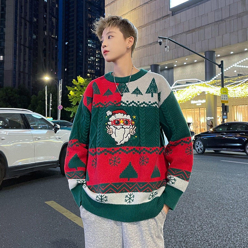 Fashion Trend Sweater Mens Loose Design Sense Flocked Santa Claus Trend Heavy Industry Christmas Couple Knitwear – Christmas Sweater and Christmas Doll Pullover price