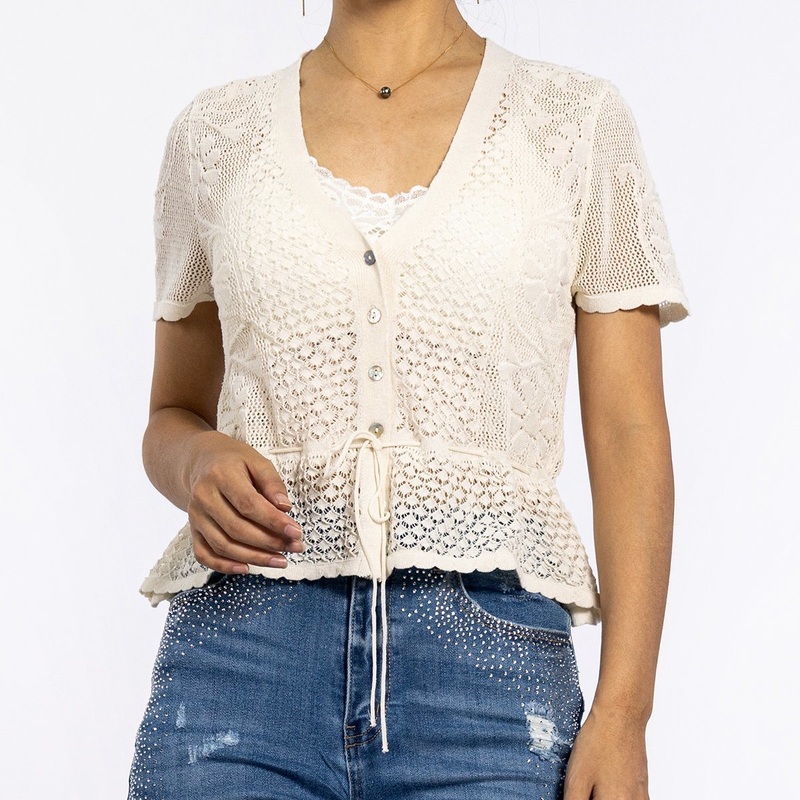 Summer Jacquard Mesh Fabric Hollow Short Sleeve Cardigan Sweaters for Women – Women Sweater and Summer Cardigan price