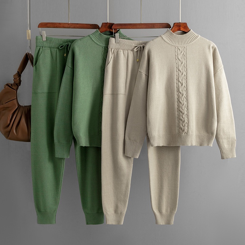 Women Clothing Autumn Winter Pants Trousers Twist Casual Mock Neck Long Sleeve Cozy Sweater Set – Women Sweater Set and Women Sweater price